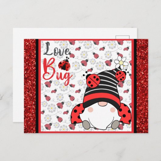 Carte Postale Gnome mignonne Amour Bug Ladybug Valentines Day (Devant / Derrière)