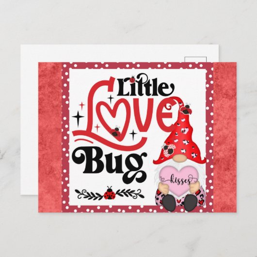 Carte Postale Gnome mignonne Little Love Bug Ladybug Valentines  (Devant / Derrière)