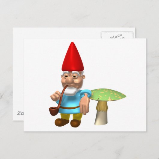 Carte Postale gnome penché sur le champignon (Devant / Derrière)