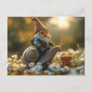 Carte Postale Gnome Whimsical sur Snail Ride Magical Garden Scèn