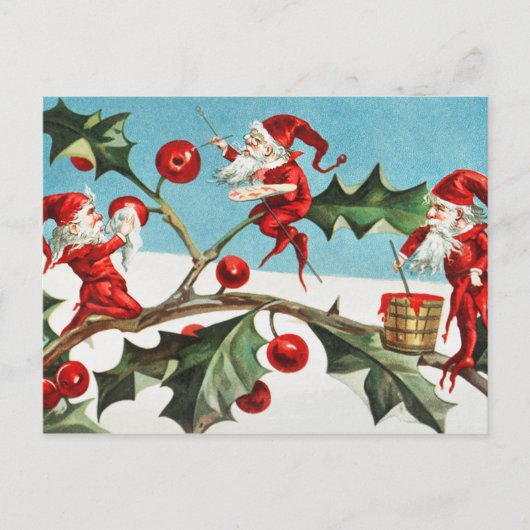 Carte Postale Gnomes painting holly berries in snow (Devant)