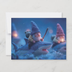 Carte Postale Gnomes Whimsical chevauchant des requins