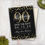 Carte Postale Gold Black 90th Birthday Save Date Confetti Invita<br><div class="desc">Elégant design "90th Birthday Party" avec Gold Faux Parties scintillant Confetti Noir et nom personnalisé et détails texte. Facile à utiliser et facile à personnaliser. Commandez aujourd'hui !</div>