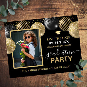Carte Postale Gold Black Graduation Party Photo Enregistrer la d