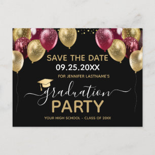 Carte Postale Gold Burgundy Graduation Party Enregistrer la date