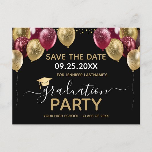 Carte Postale Gold Burgundy Graduation Party Enregistrer la date (Devant)