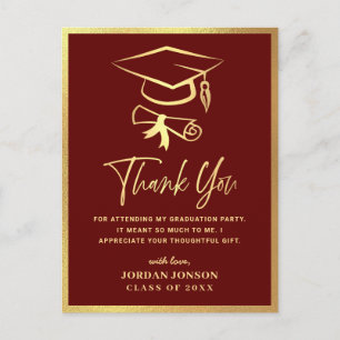 Carte Postale Gold Burgundy Modern Graduation Party Merci