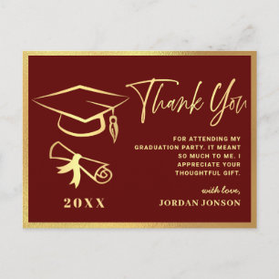 Carte Postale Gold Burgundy Modern Graduation Party Merci