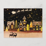Carte Postale Gold Christmas Village Deer Winter Night<br><div class="desc">La nuit de Noël parfaite avec des rennes,  prendre l'avion et tirer le long de Père Noël et son traîneau. Ci-dessous,  un village attend avec impatience l'arrivée de St. Nick.</div>