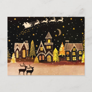 Carte Postale Gold Christmas Village Deer Winter Night