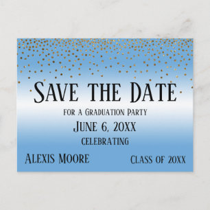 Carte Postale Gold Confetti Blue Graduation Party Enregistrer la