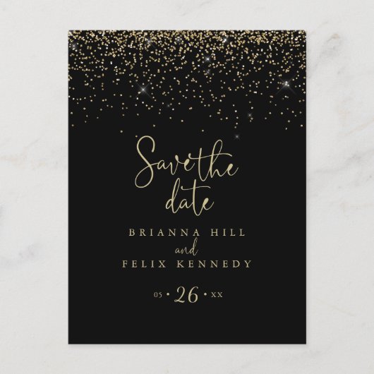 Carte Postale Gold Confetti Fancy Script Enregistrer la date Car (Devant)