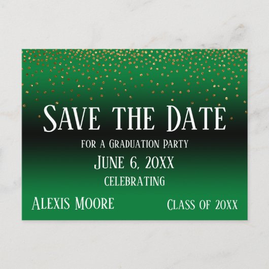 Carte Postale Gold Confetti Green Graduation Enregistrer la date (Devant)