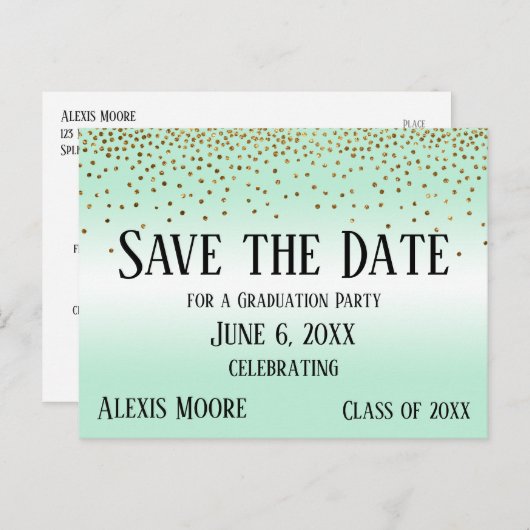 Carte Postale Gold Confetti Mint Green Graduation Enregistrer la (Devant / Derrière)