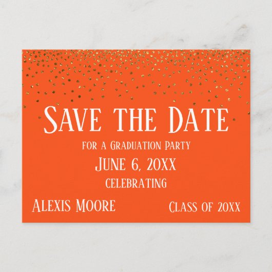 Carte Postale Gold Confetti Orange Graduation Enregistrer la dat (Devant)