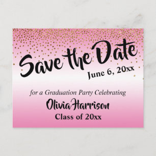 Carte Postale Gold Confetti Pink Graduation Enregistrer la date