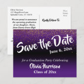 Carte Postale Gold Confetti Purple Graduation Enregistrer la dat (Devant / Derrière)