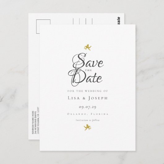 Carte Postale Gold Cupids Script élégant Enregistrer la date (Devant / Derrière)
