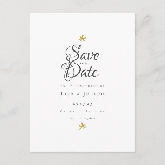 Carte Postale Gold Cupids Script élégant Enregistrer la date (Devant)