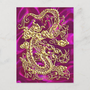 Carte Postale Gold Dragon Magenta Satin Lush Gold Card
