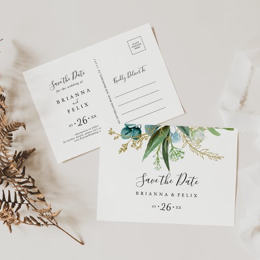 Carte Postale Gold Floral Tropical Horizontal Enregistrer la dat