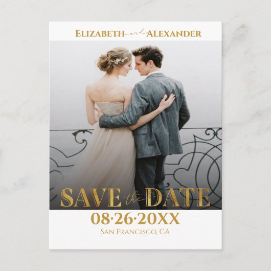 Carte Postale Gold Foil Calligraphie Photo Enregistrer la date (Devant)