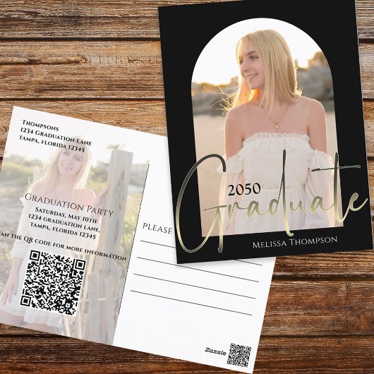 Carte Postale Gold Graduate Script Black Arch Two Photo QR Code