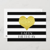 Carte Postale Gold Heart Black White Stripes Joyeux anniversaire (Devant / Derrière)