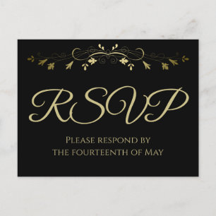 Carte Postale Gold Lacy fleurit sur Black Elegant Wedding RSVP