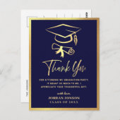Carte Postale Gold Navy Blue Modern Graduation Party Merci (Devant / Derrière)