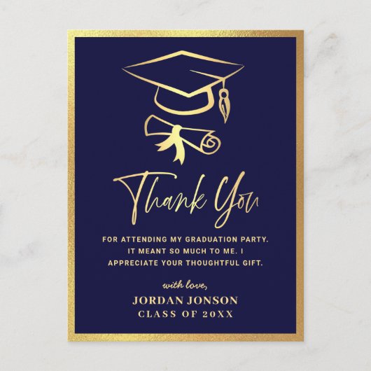 Carte Postale Gold Navy Blue Modern Graduation Party Merci (Devant)