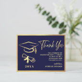Carte Postale Gold Navy Blue Modern Graduation Party Merci (Debout devant)