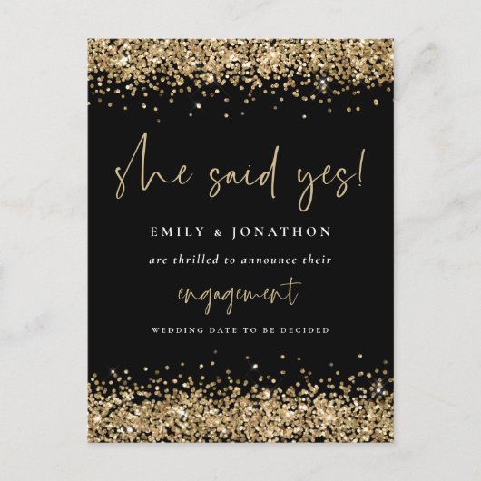 Carte Postale Gold Parties scintillant Noir Elle A Dit Oui Fianç (Devant)
