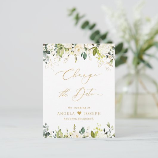 Carte Postale Gold Script Modifier la date Verdure Roses blanche (Debout devant)