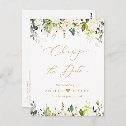 Carte Postale Gold Script Modifier la date Verdure Roses blanche (Devant / Derrière)