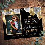 Carte Postale Gold Silver Graduation Party Photo Enregistrer la<br><div class="desc">Ballons élégants en faux argent et en parties scintillant d'or sur la bordure supérieure. Tout le texte est ajustable et facile à changer pour vos besoins de partie. Super élégant enregistrer la date de graduation design modèle. Lycée ou Collège.</div>