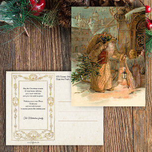 Carte Postale Gold Vintage Père Noël et Ange