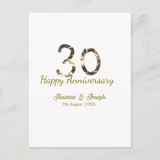 Carte Postale Golden Metallic 30th Happy anniversary add name (Devant)