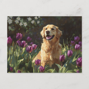 Carte Postale Golden Retriever avec Tulipes Violettes