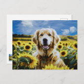 Carte Postale Golden Retriever dans un champ de tournesol (Devant / Derrière)