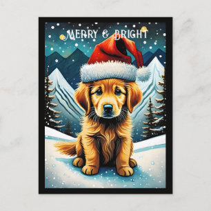 Carte Postale Golden Retriever Snowy Mountain Père Noël Puppy