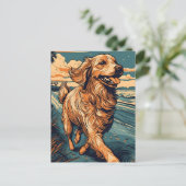 Carte Postale Golden Retriever sur une plage tropicale au couche (Debout devant)