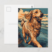 Carte Postale Golden Retriever sur une plage tropicale au couche (Devant / Derrière)