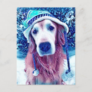 Carte Postale Golden Retriever Vibrant Bleu Hiver Souhaits Art