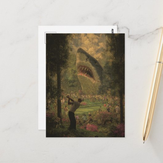 Carte Postale Golf avec requin surréaliste (Devant/Arrière en situation)