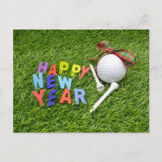 Carte Postale Golf Bonne année avec balle de golf sur herbe vert (Devant)
