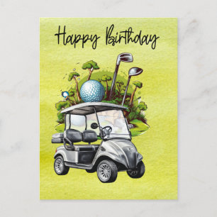 Carte Postale Golf d'anniversaire avec voiturette de golf   aqua