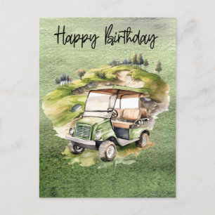 Carte Postale Golf d'anniversaire avec voiturette de golf aqua