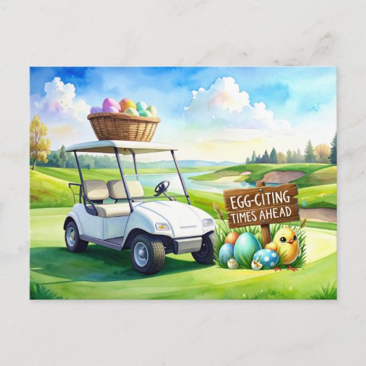 Carte Postale Golf easter holiday with golf cart and easter eggs (Devant)