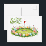 Carte Postale Golf Easter with egg on putting green<br><div class="desc">Send cheerful spring greetings with this Golf Easter postcard featuring colorful eggs on a putting green. This bright watercolor design shows pastel Easter eggs resting beside a golf hole with a red flag on fresh green grass, blending the joy of Easter with the charm of the golf course. Perfect for...</div>